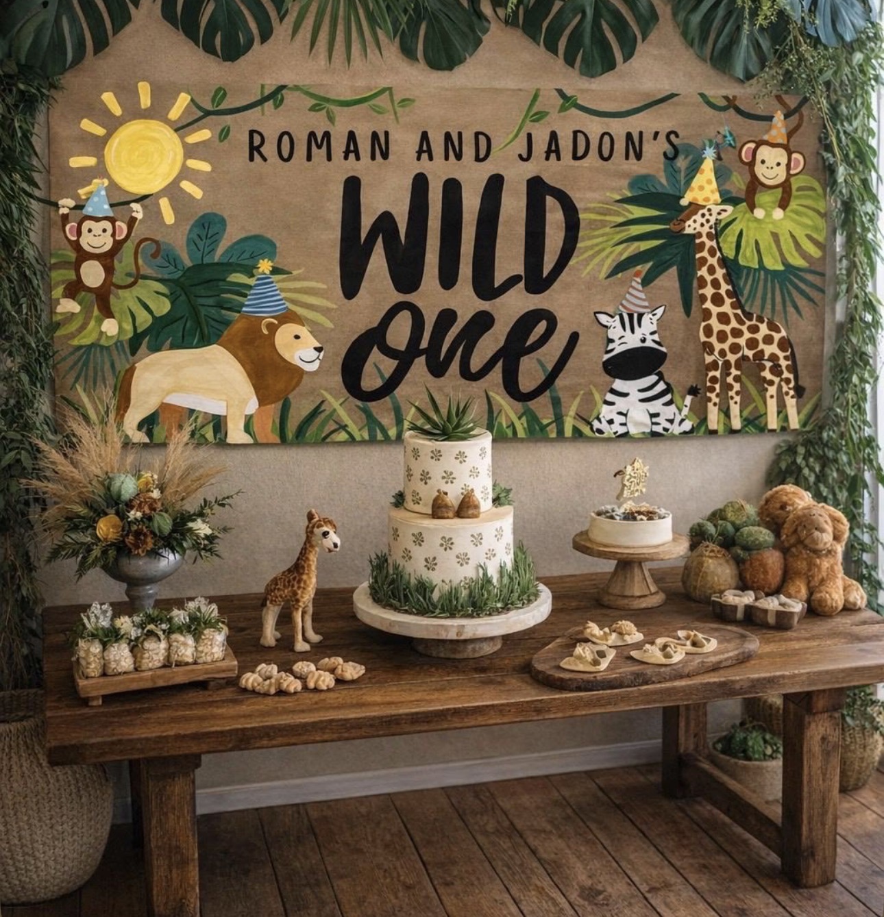 Wild one dessert table with jungle props