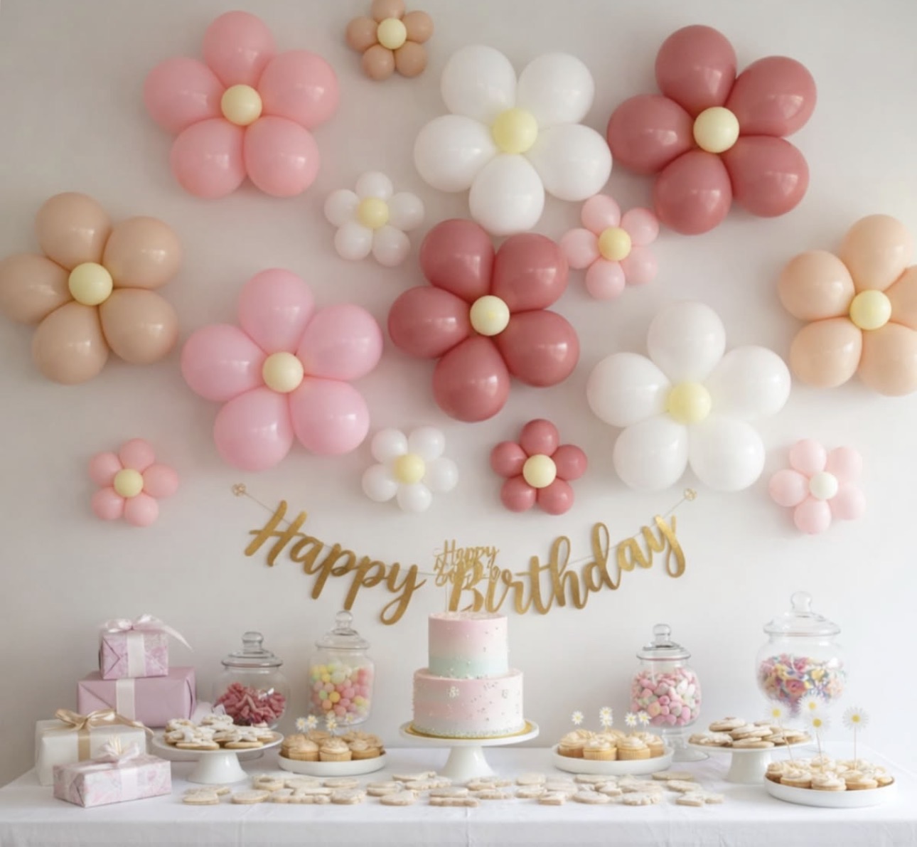 Balloon flower wall and pastel dessert table