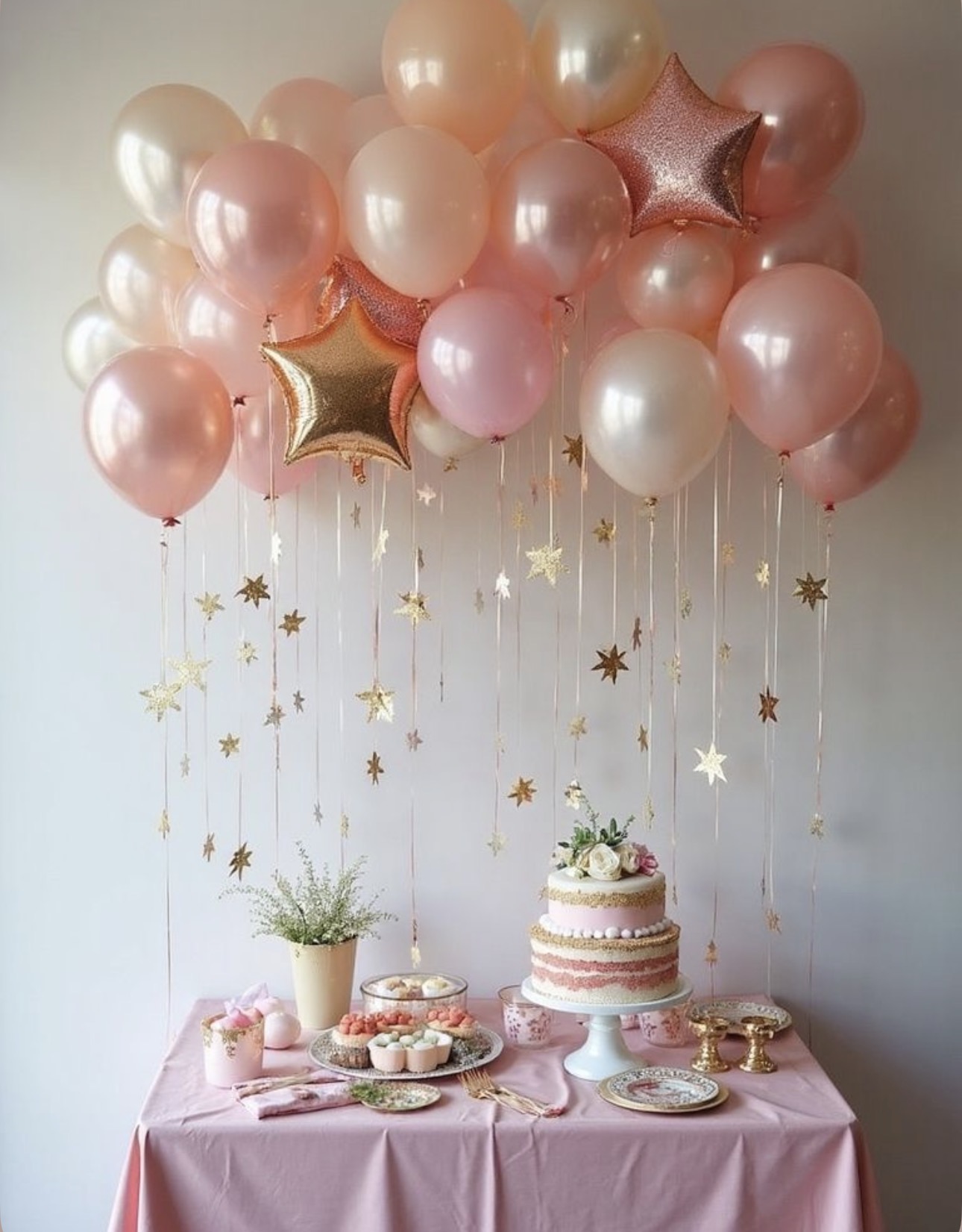 Pink balloon ceiling over dessert table