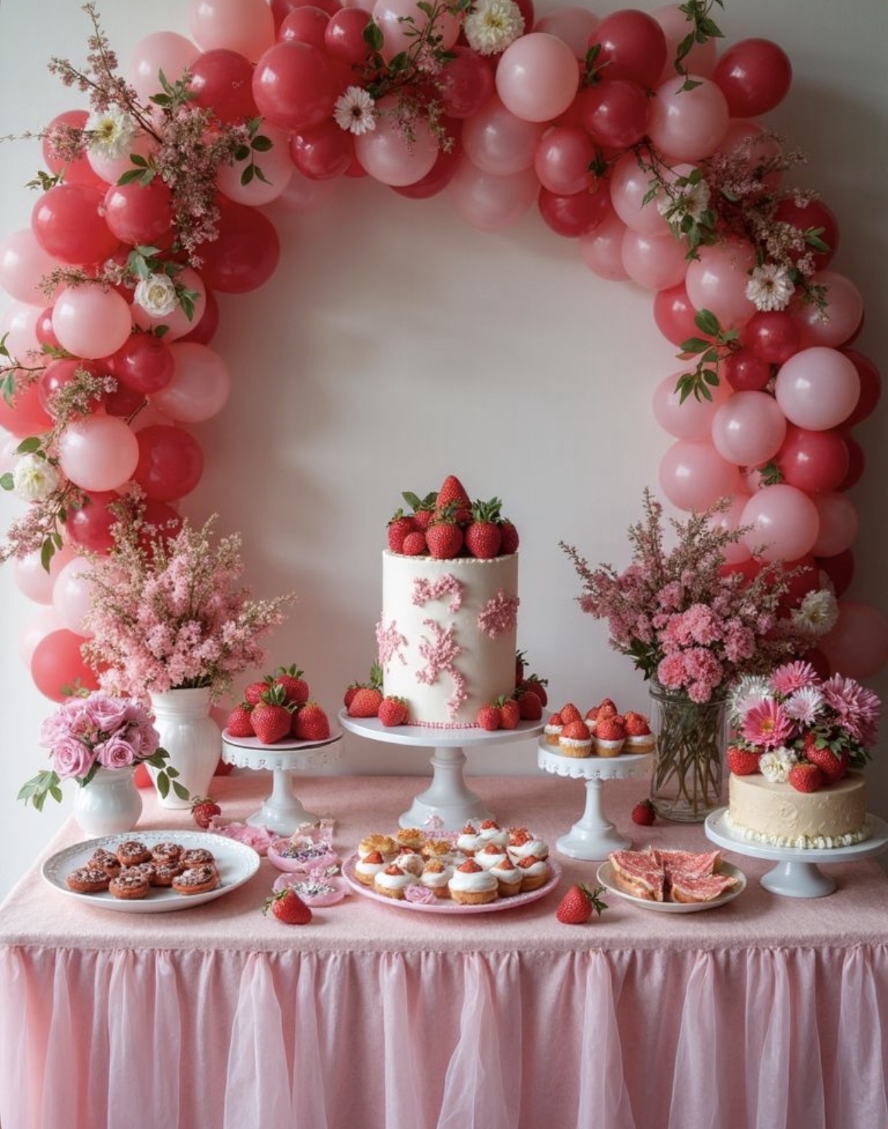 Pink and red balloon arch with strawberry dessert table