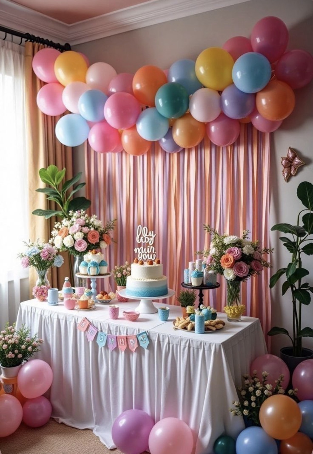 Bright balloon dessert display with flowers