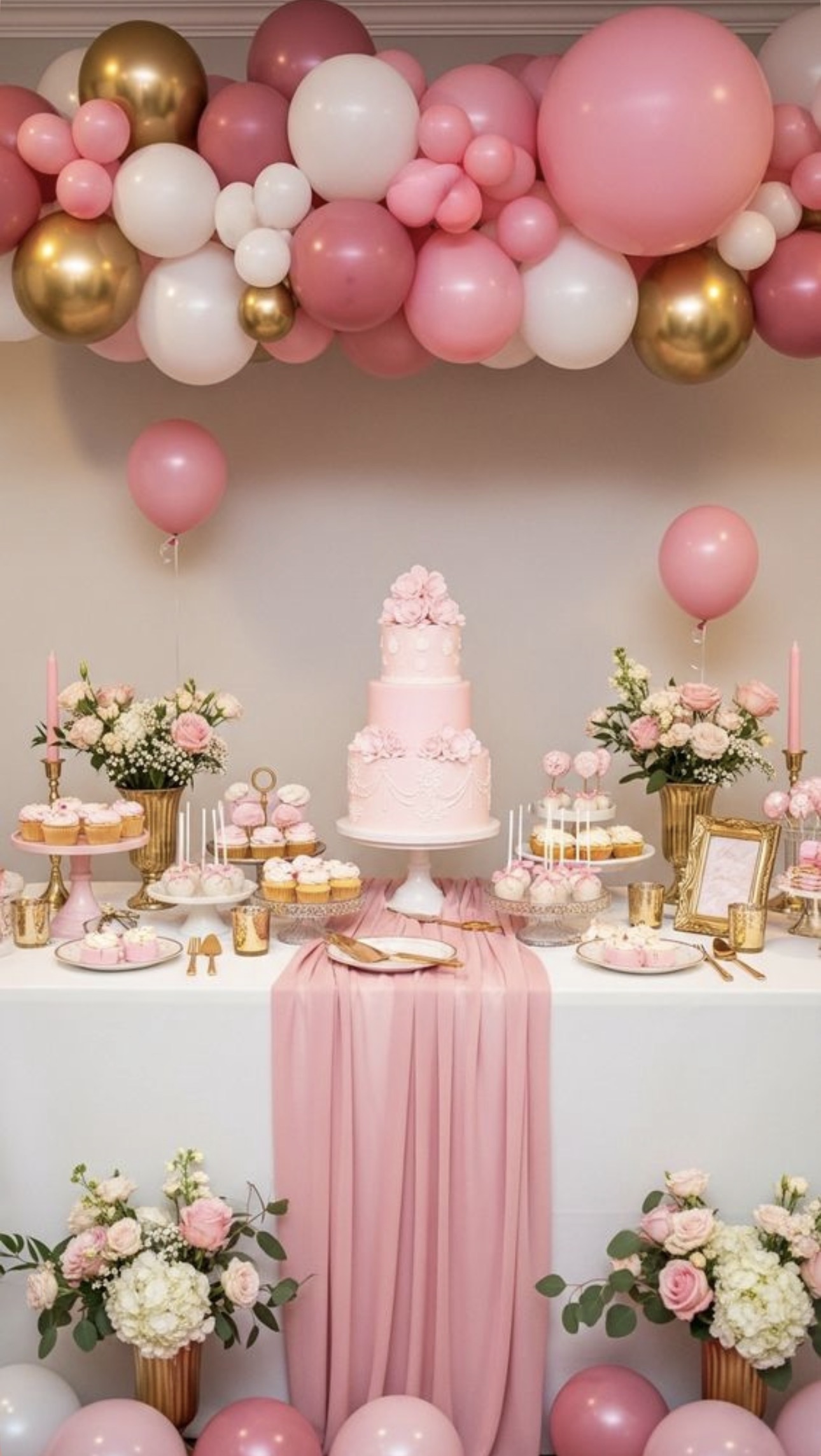 Pink and gold dessert table with balloon garland