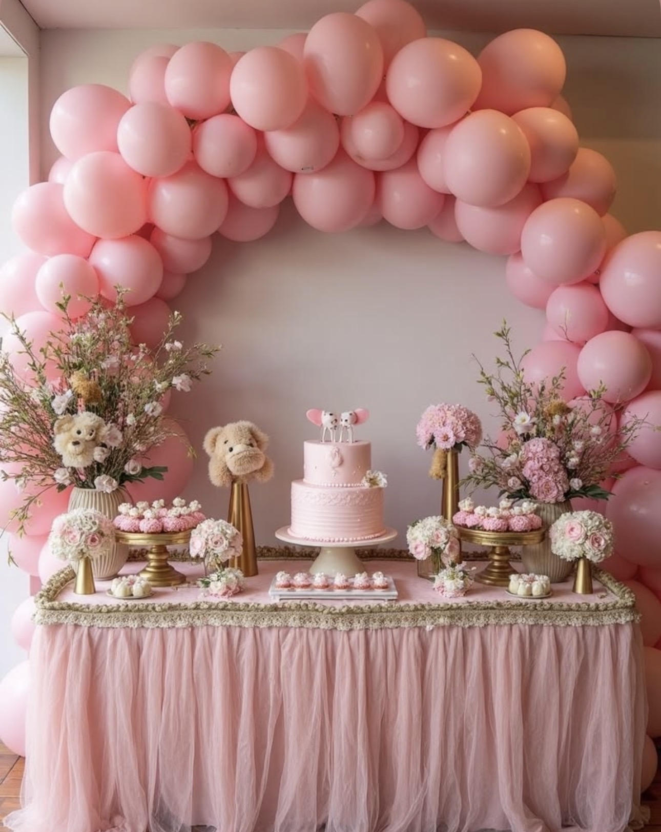 Pink dessert table with large balloon arch