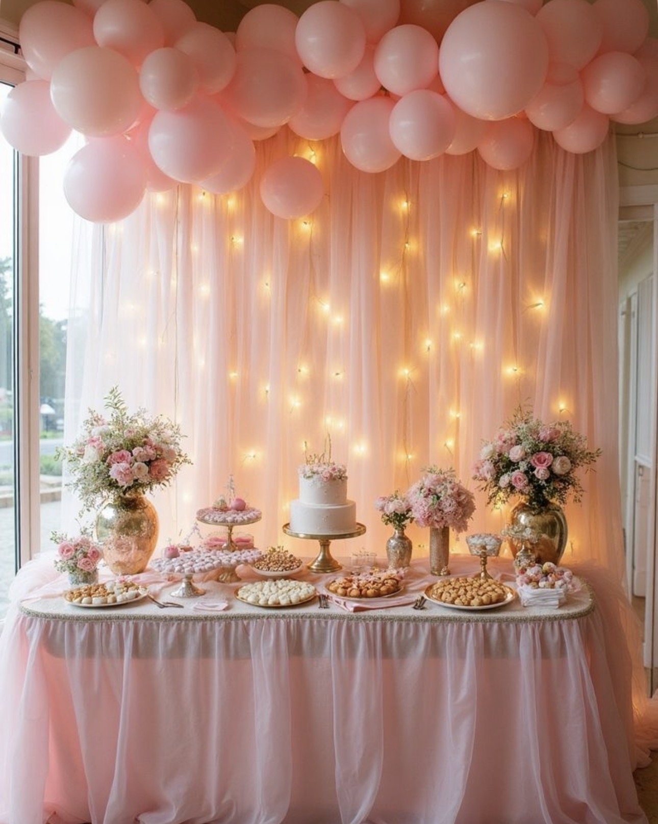 Pink curtain dessert table with lights and balloons