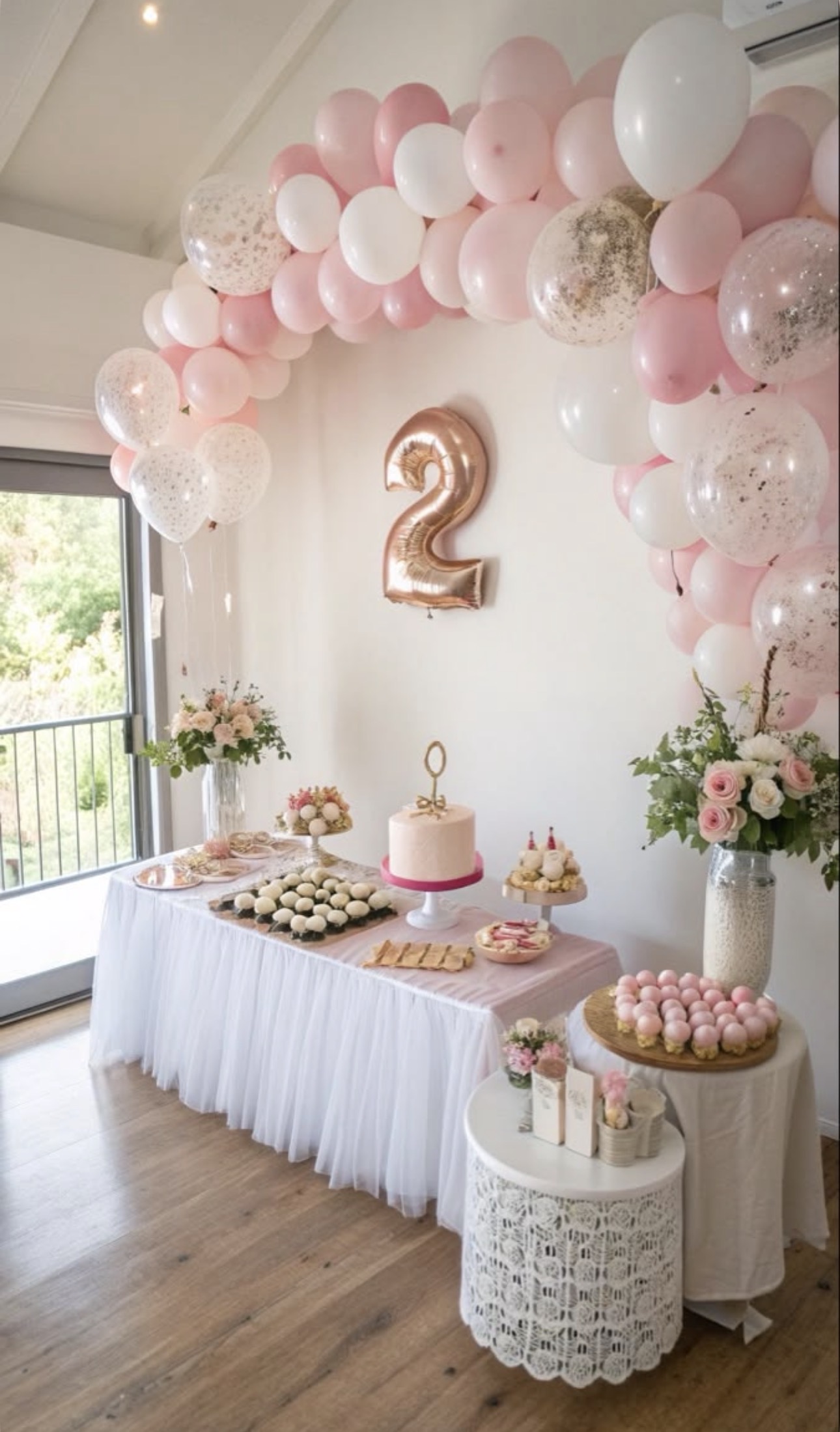 Pink and white balloon arch over dessert table