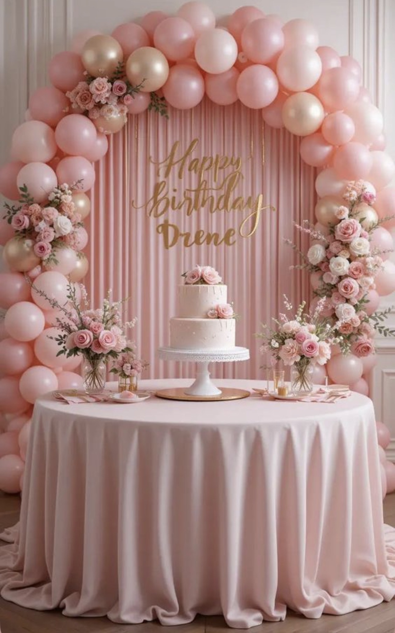 Pink birthday backdrop with balloon arch and cake table