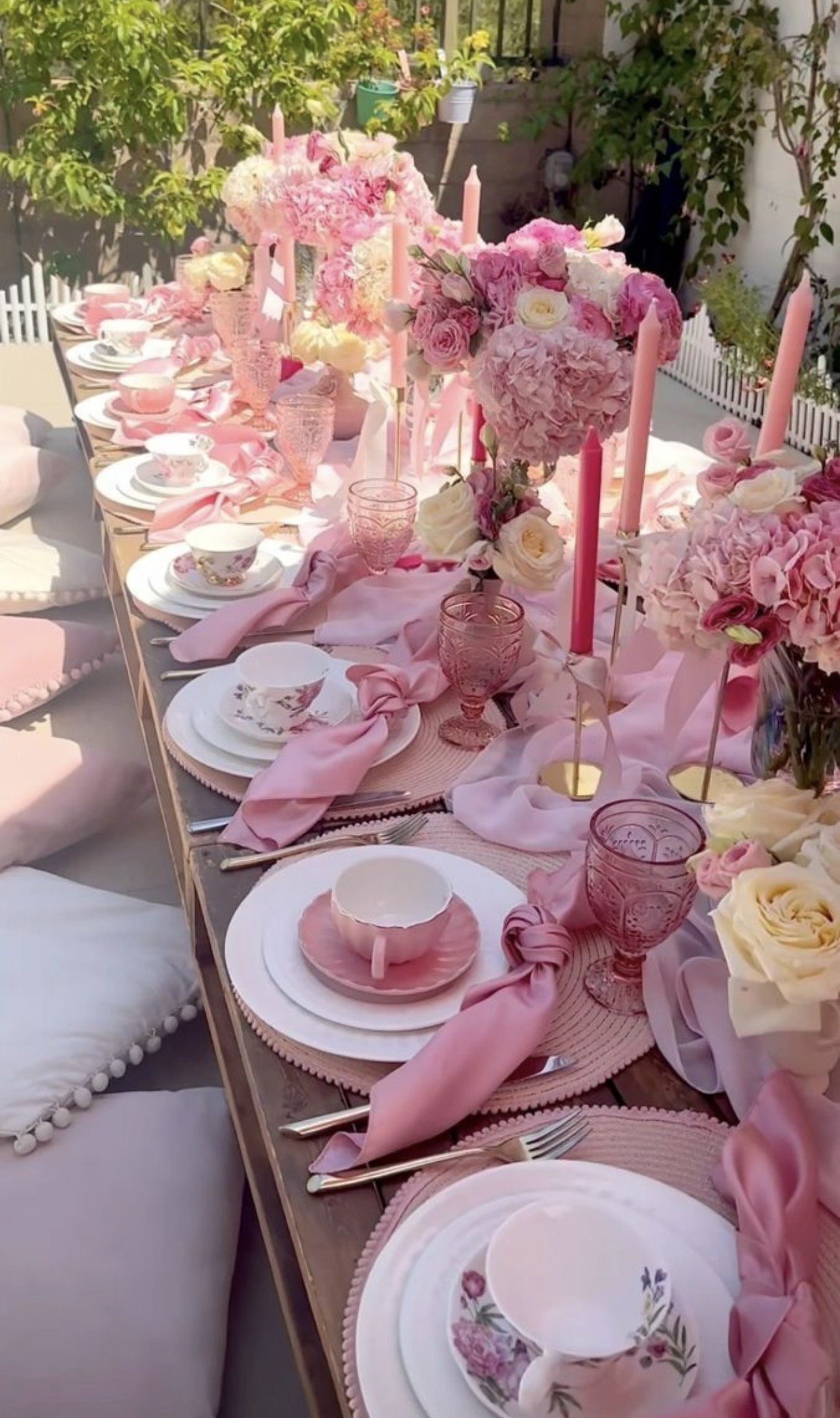 Outdoor pink tea party tablescape