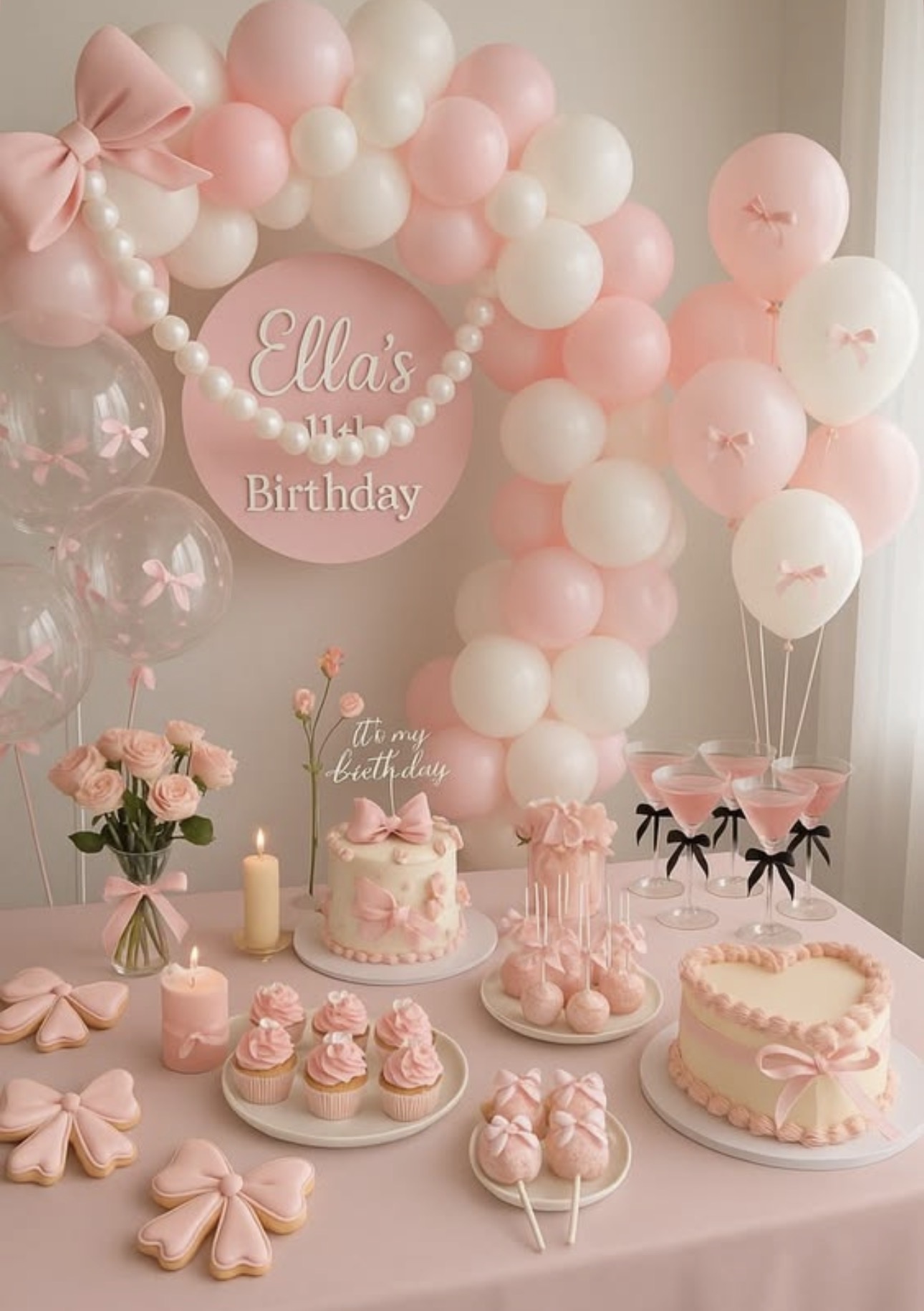 Pink birthday dessert table with bows and balloons