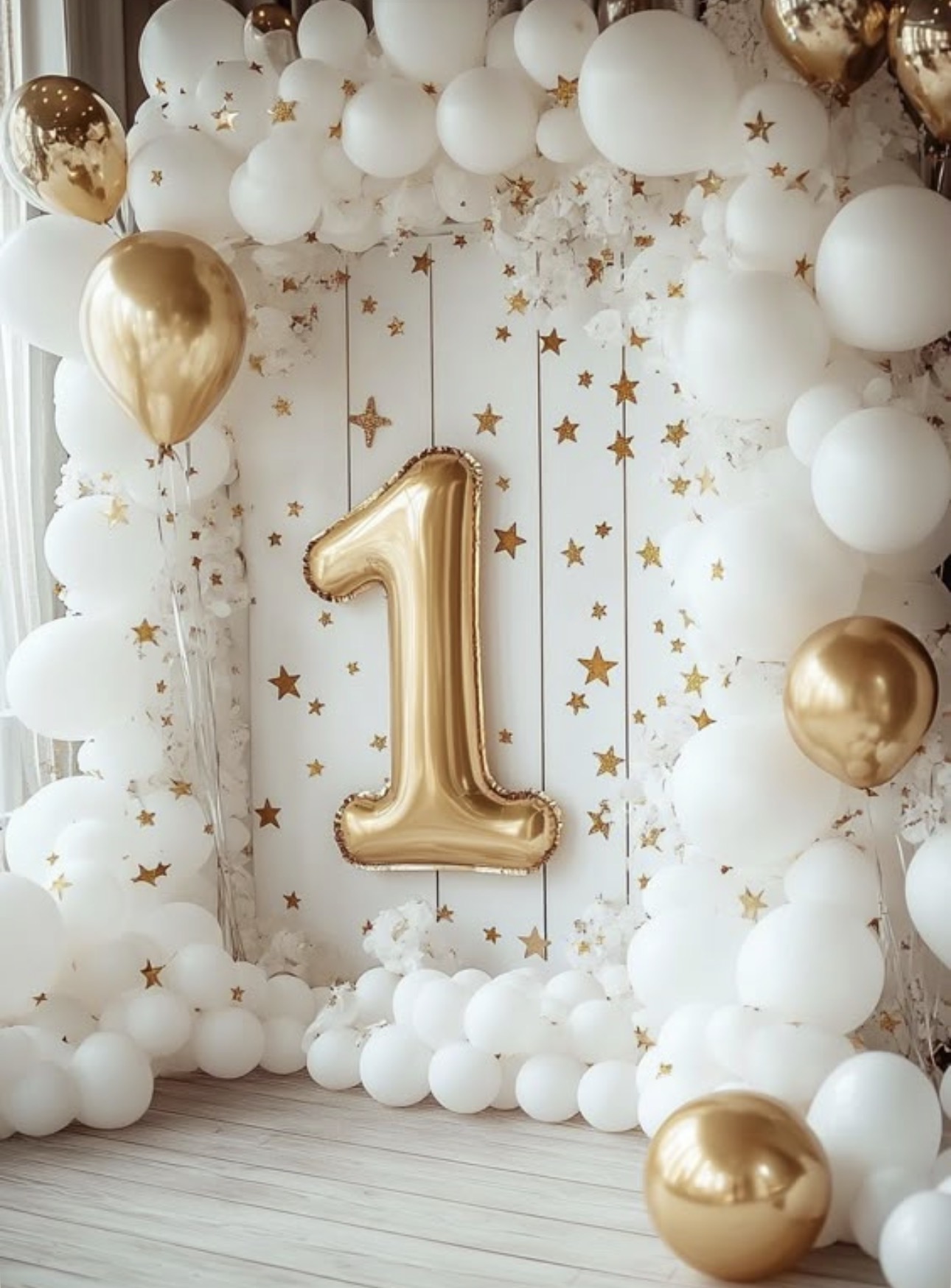 White and gold first birthday balloon backdrop