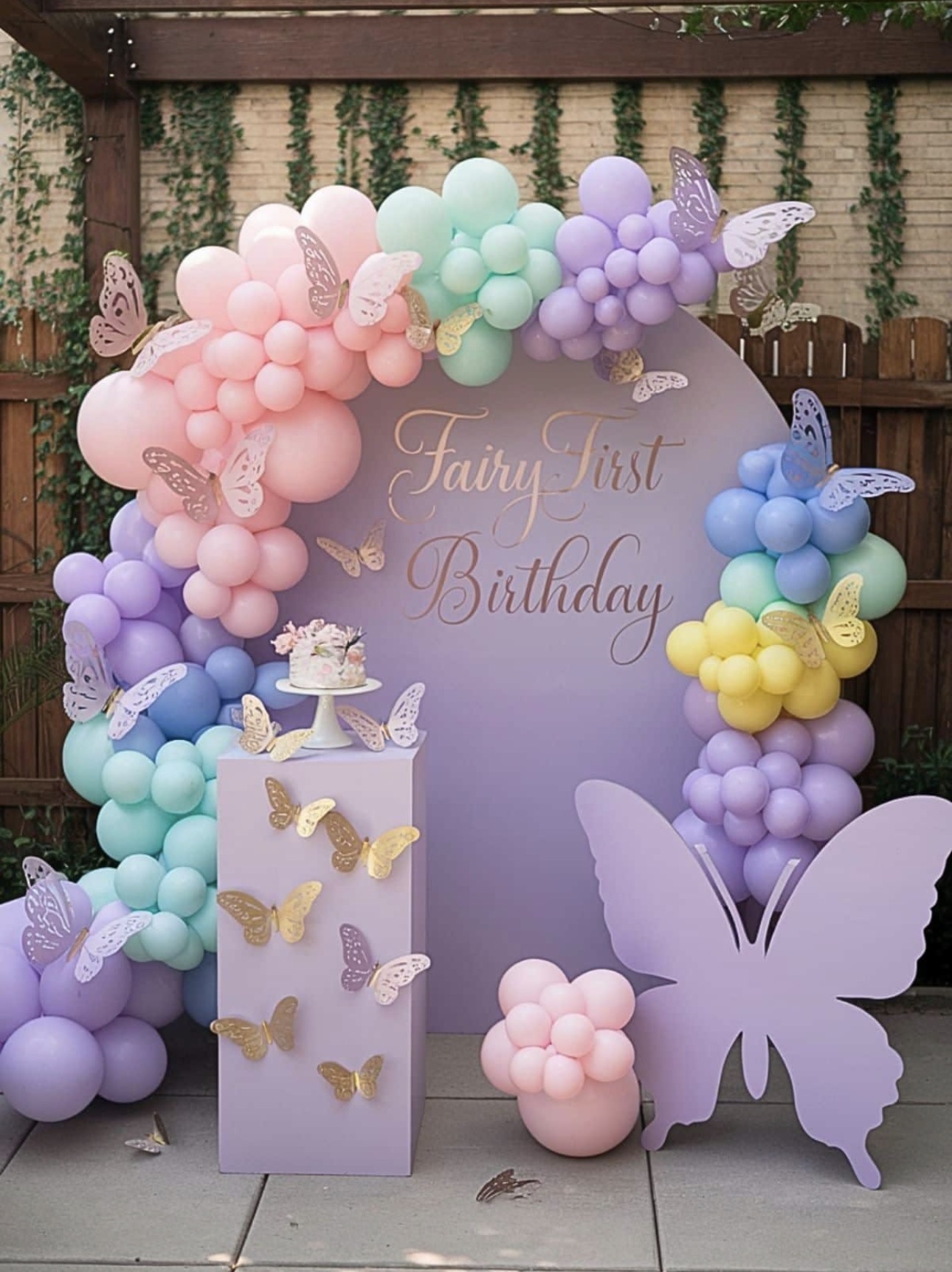 Fairy first birthday butterfly balloon backdrop