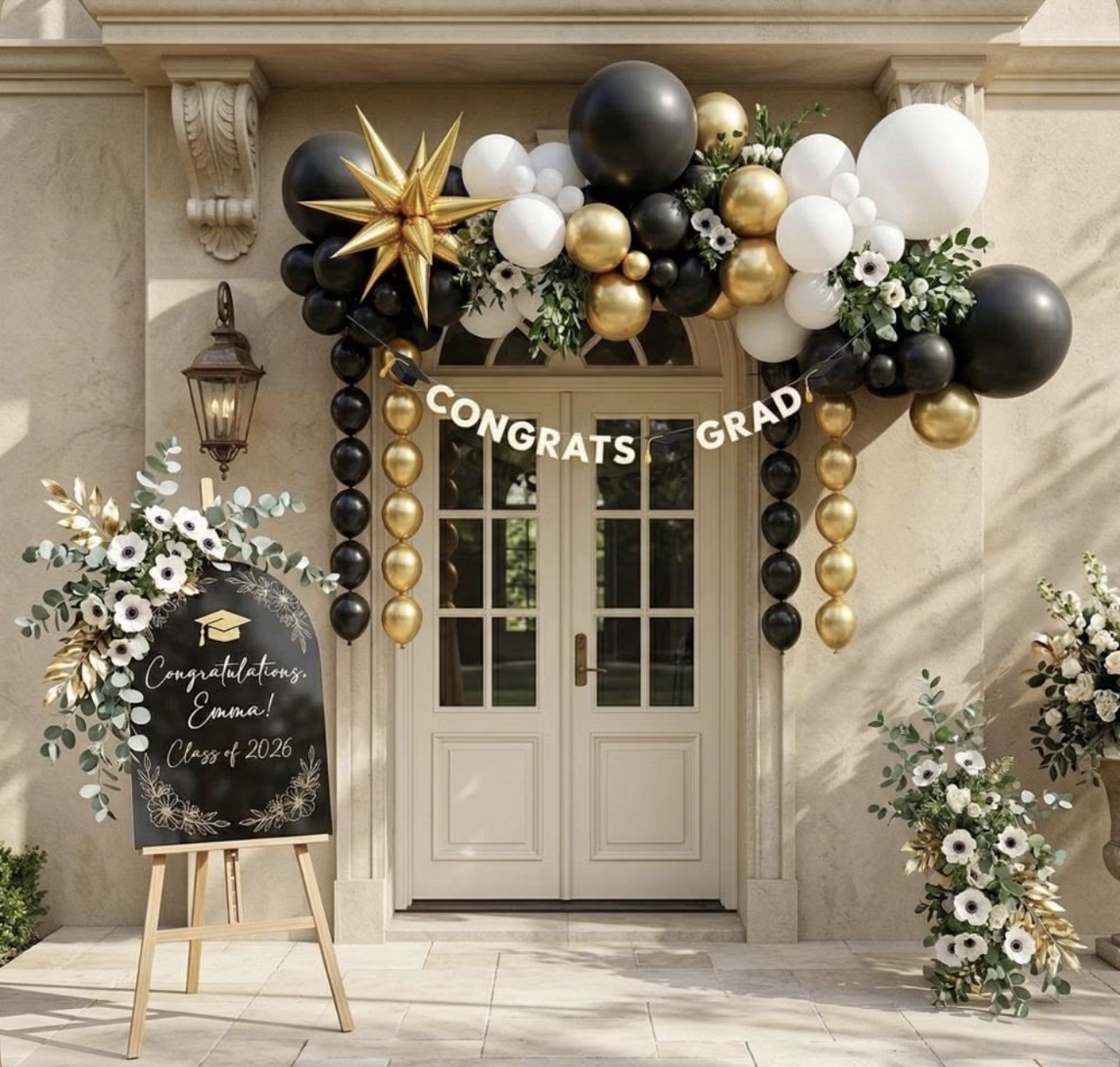 Black and gold graduation entry display