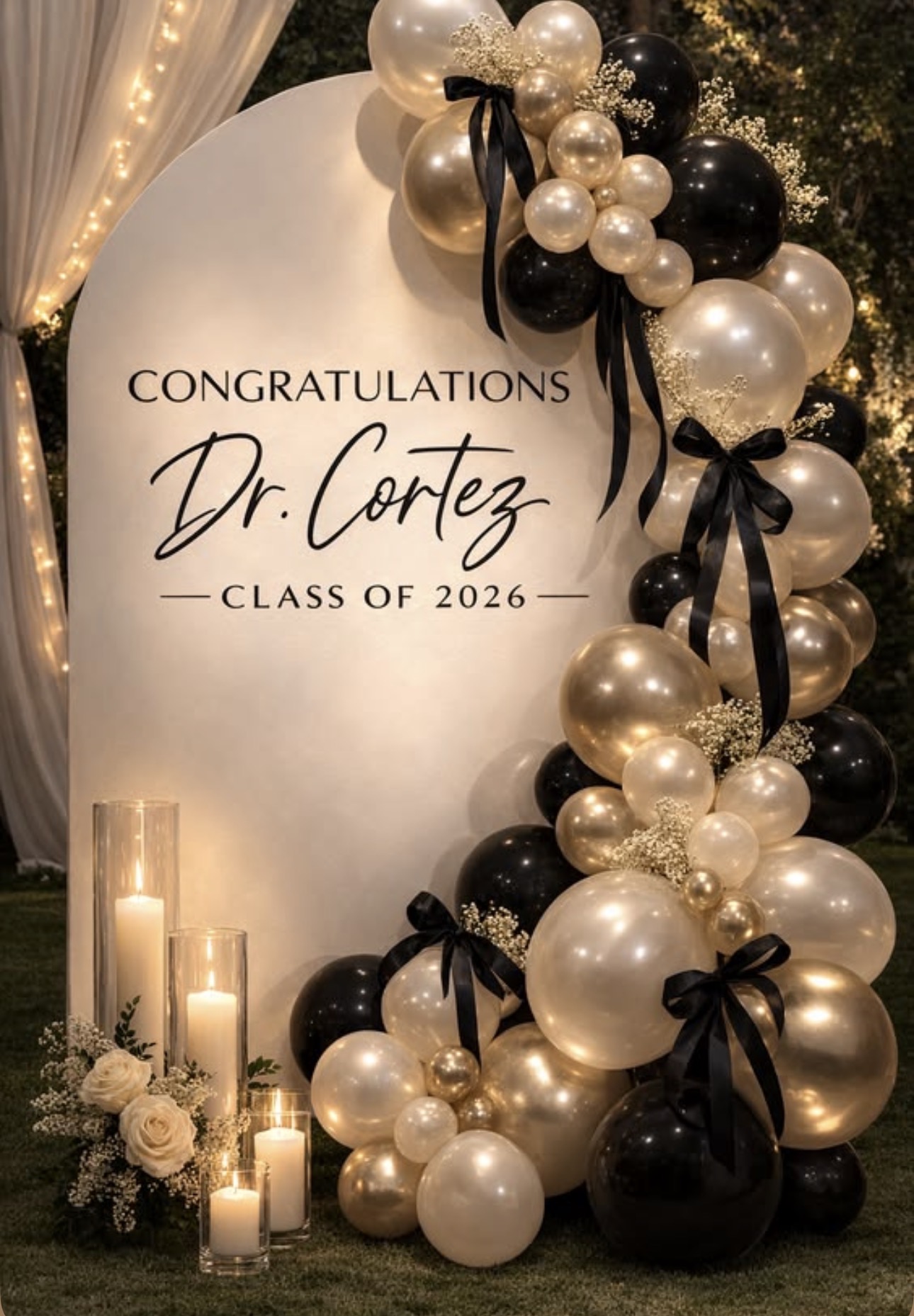 Elegant graduation backdrop with black and gold balloons