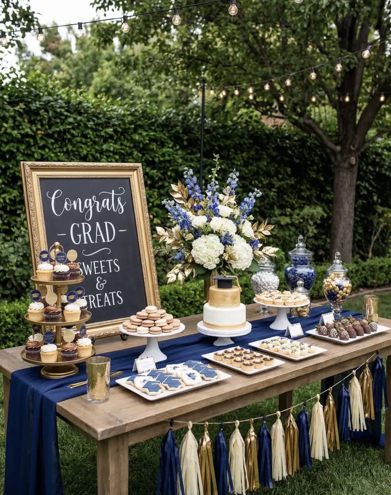 Outdoor graduation dessert table with chalkboard sign