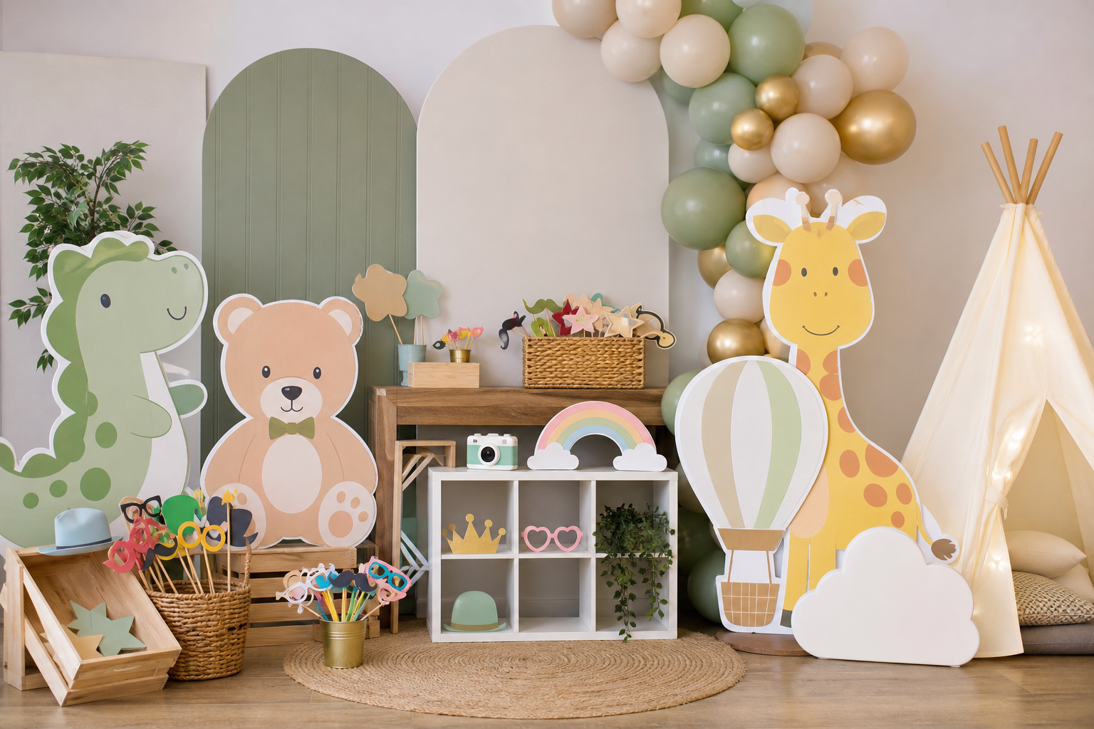 Family party props, playful cutouts, and photo prop baskets