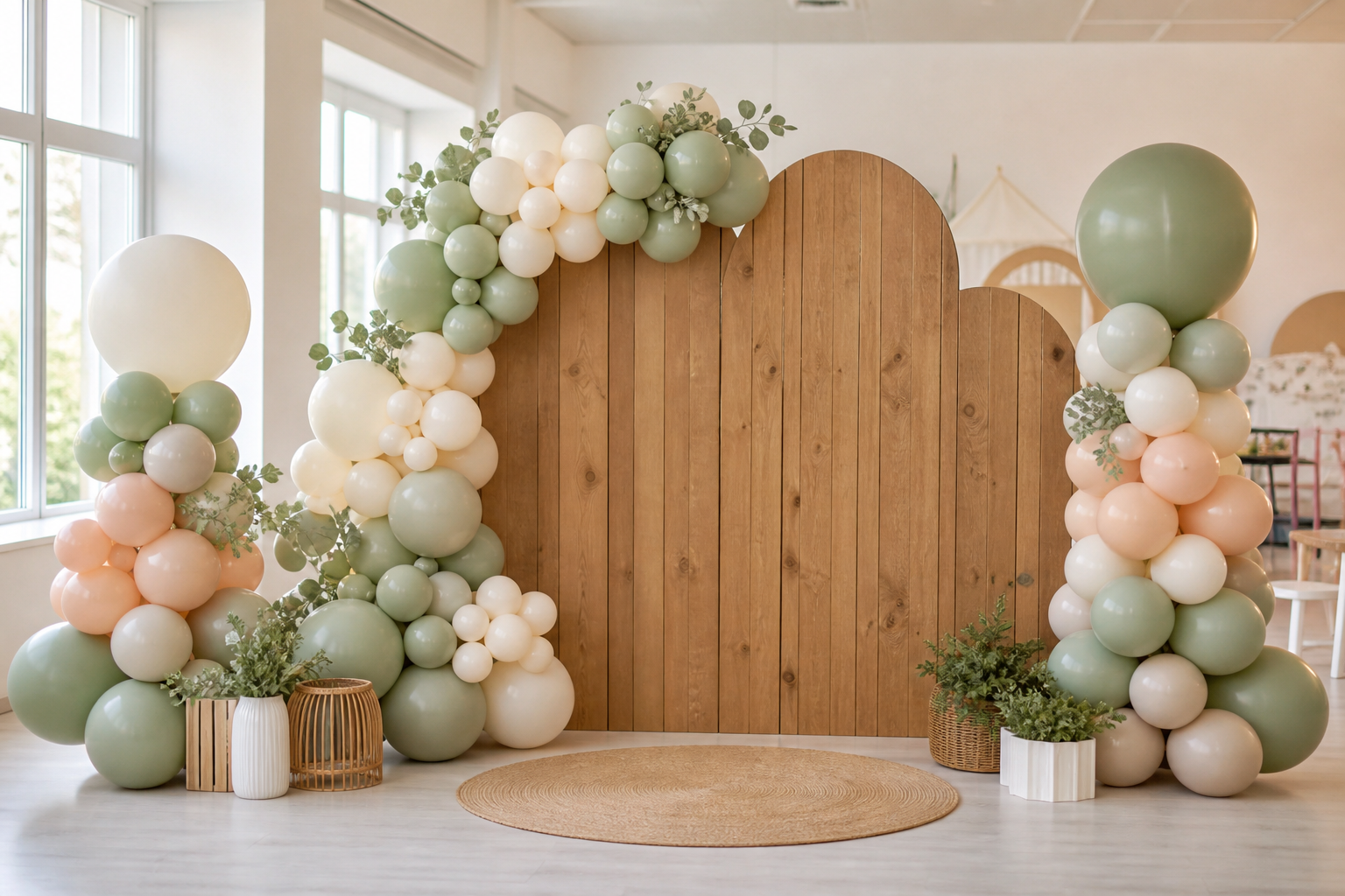 Wooden backdrop with sage and cream balloon arch and balloon towers