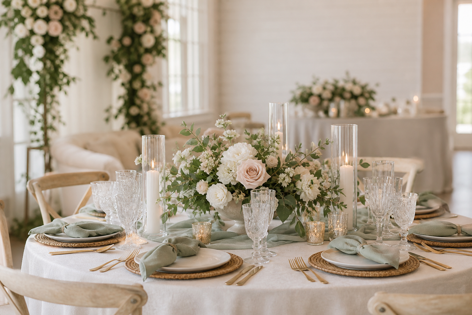Elegant event tablescape with soft florals, linens, and warm natural light