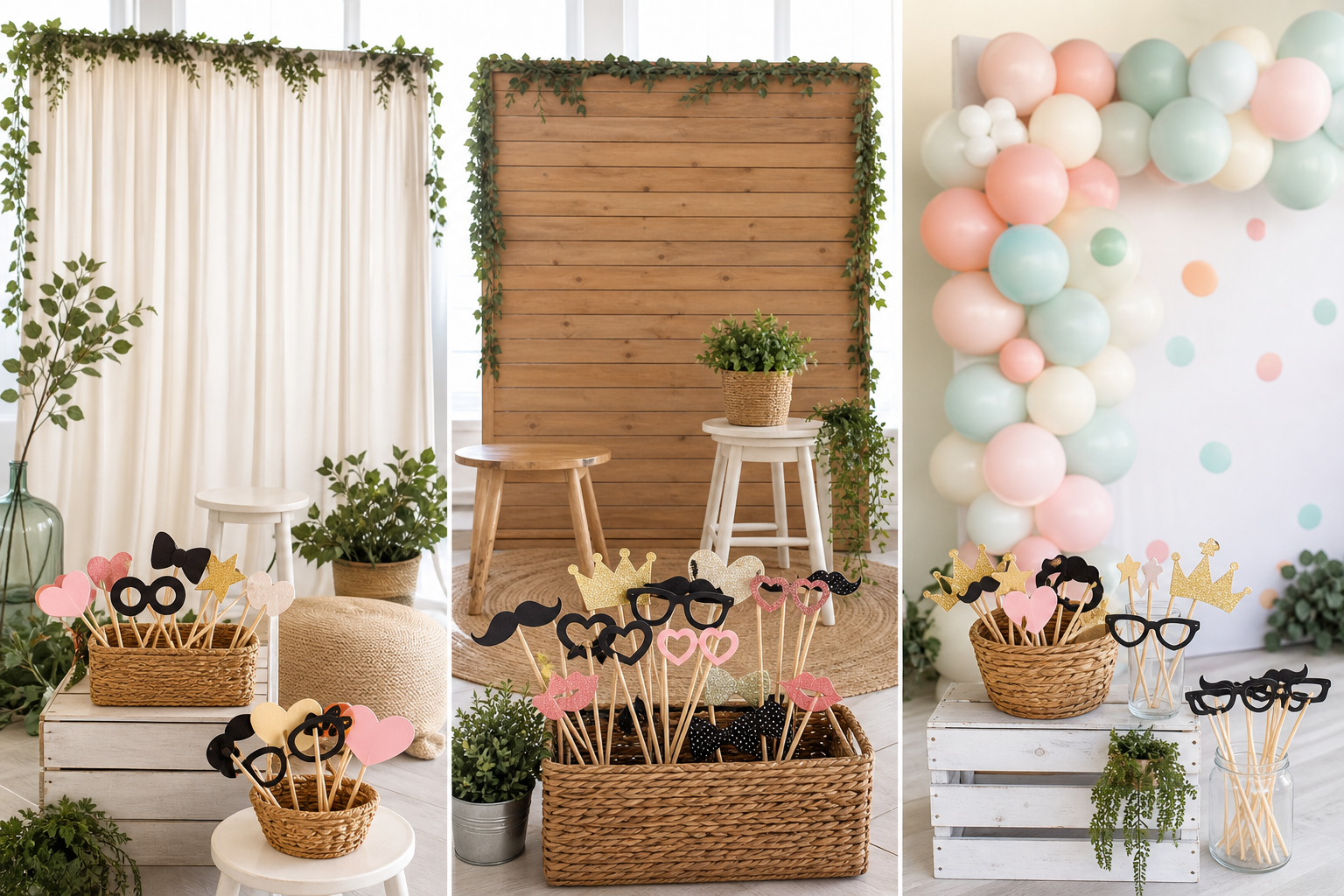 Simple photo booth backdrops and baskets of handheld props