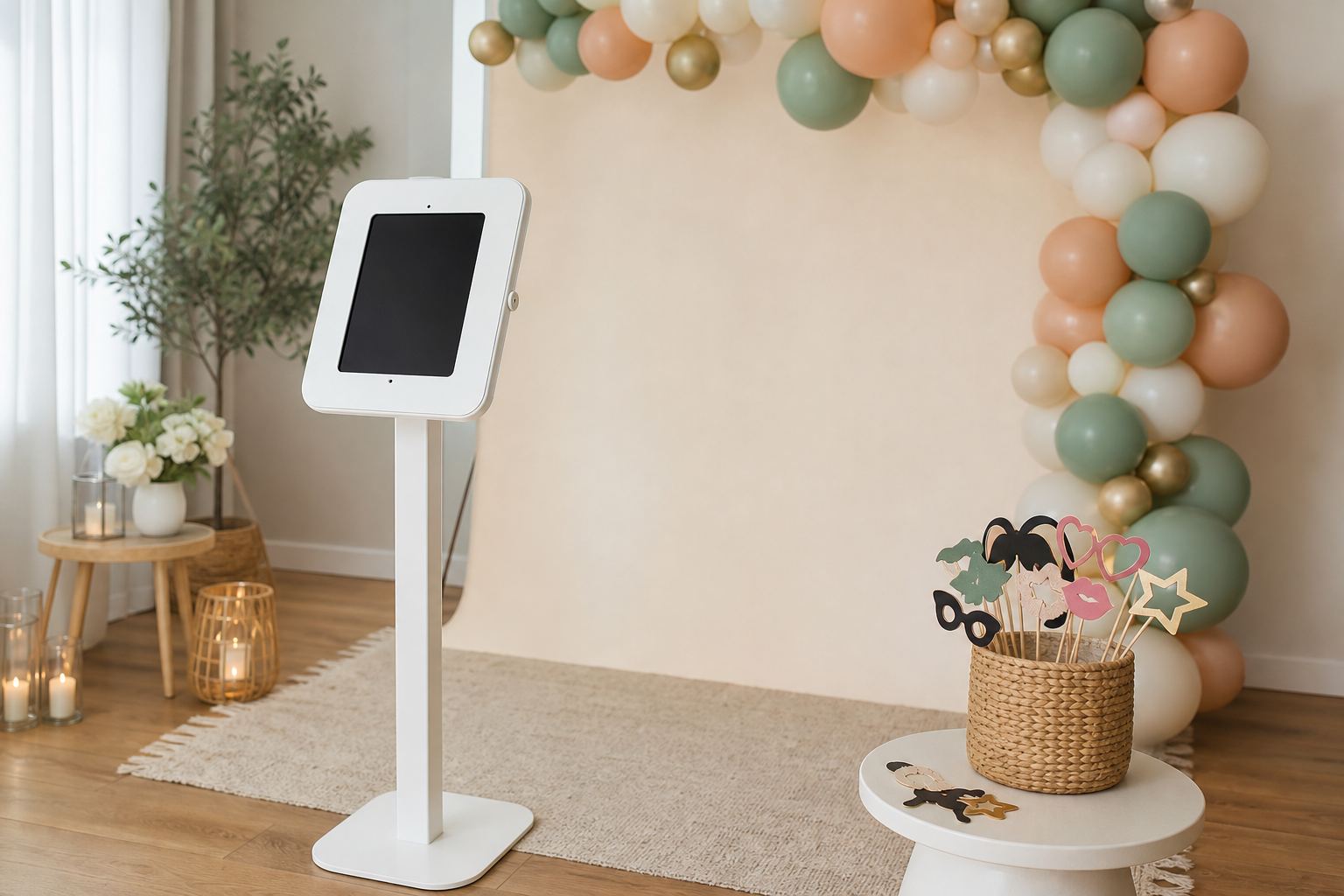 Tablet-based photo booth stand with balloon backdrop and prop basket