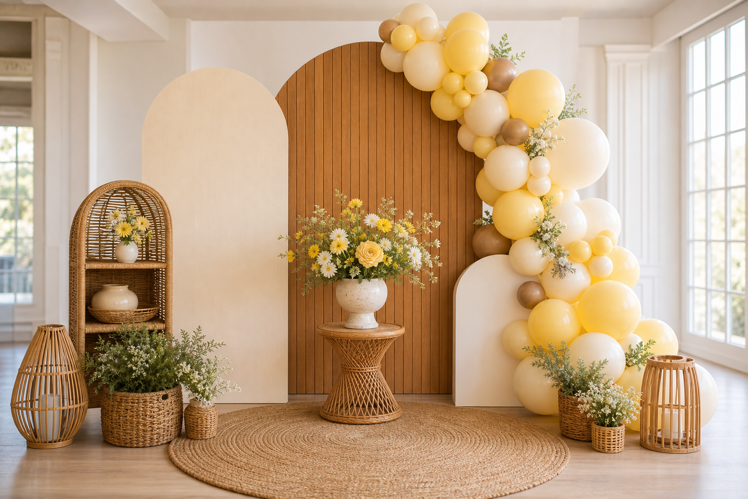 Canary yellow, cream, and brown decor backdrop display