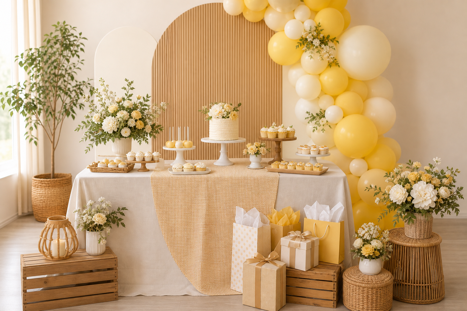 Canary yellow, cream, and brown dessert and gift table display