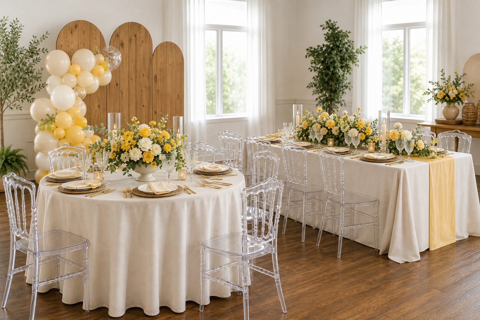 Canary yellow, cream, and brown table and chair rental display